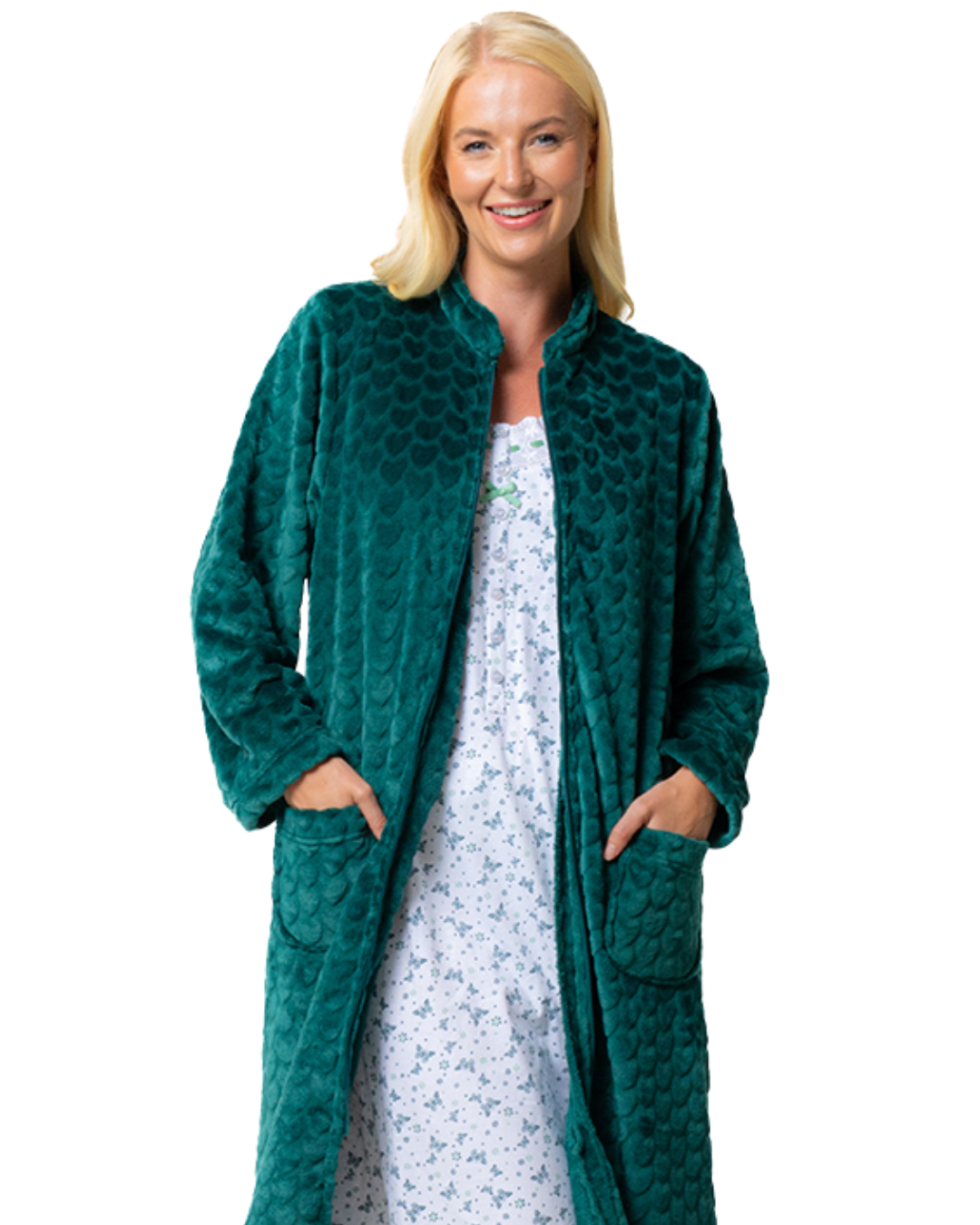 Women's Embossed Fleece Zip Dressing Gown with Front Pockets