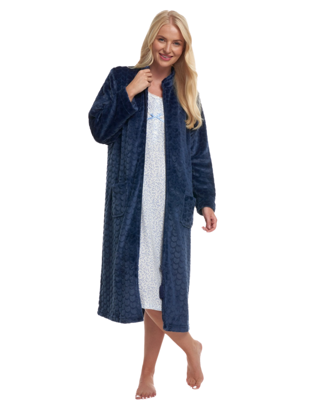 Women's Embossed Fleece Zip Dressing Gown with Front Pockets