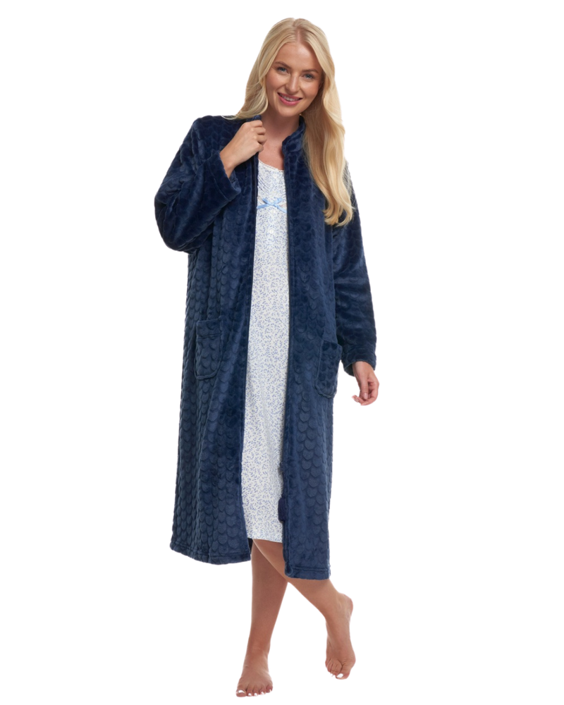Women's Embossed Fleece Zip Dressing Gown with Front Pockets