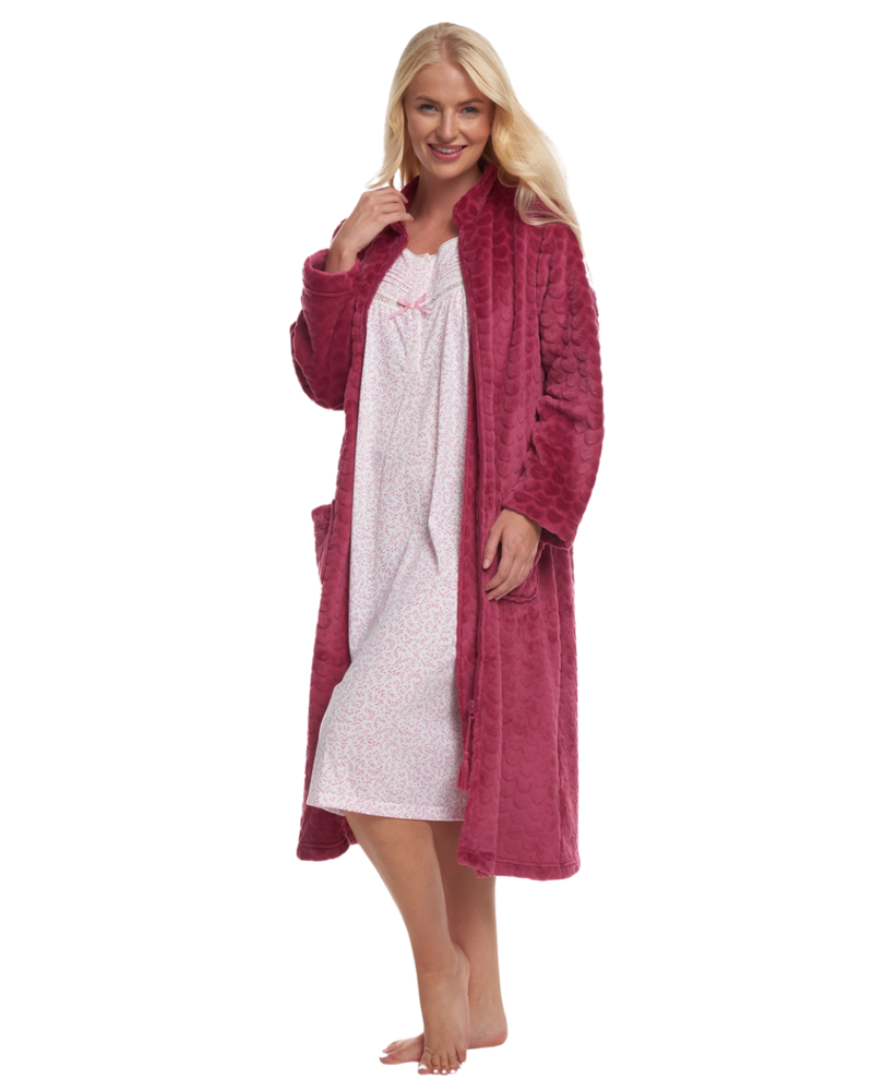 Women's Embossed Fleece Zip Dressing Gown with Front Pockets