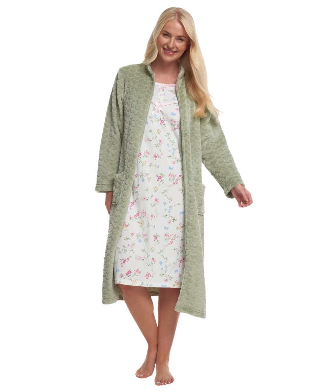Women's Embossed Fleece Zip Dressing Gown with Front Pockets