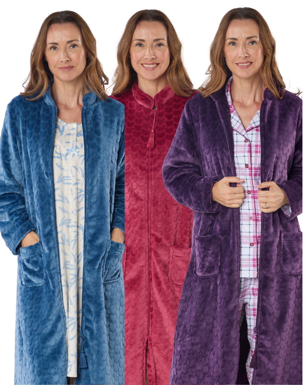 Women's Embossed Fleece Zip Dressing Gown with Front Pockets