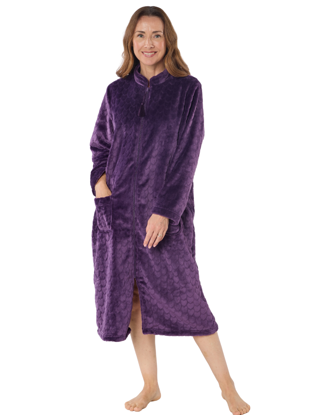 Women's Embossed Fleece Zip Dressing Gown with Front Pockets