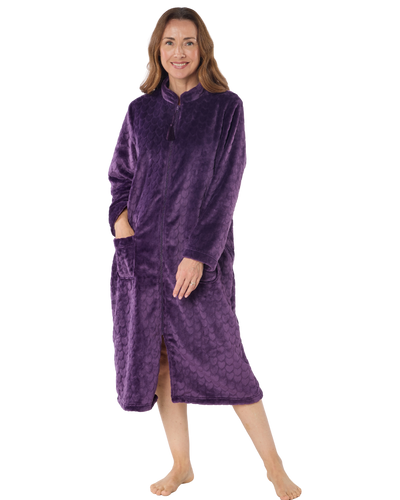 Embossed Fleece Zip Front Dressing Gown