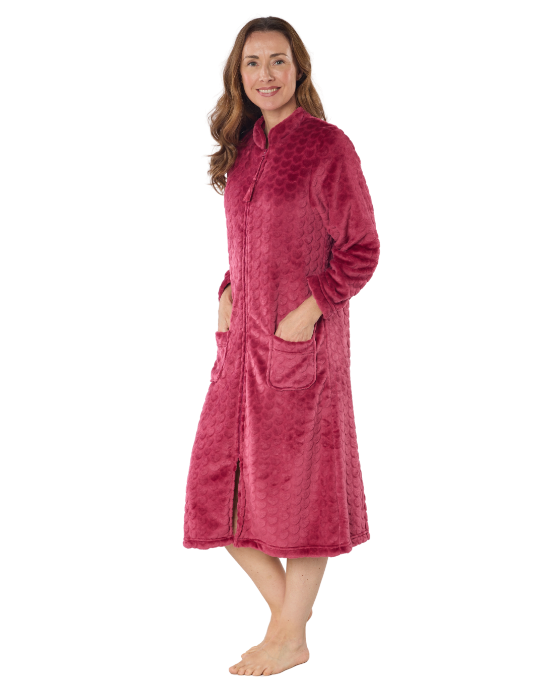 Women's Embossed Fleece Zip Dressing Gown with Front Pockets