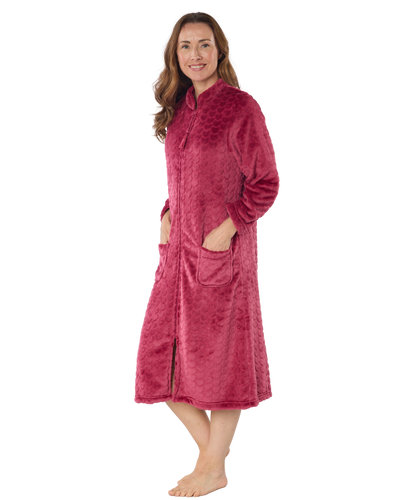 Embossed Fleece Zip Front Dressing Gown