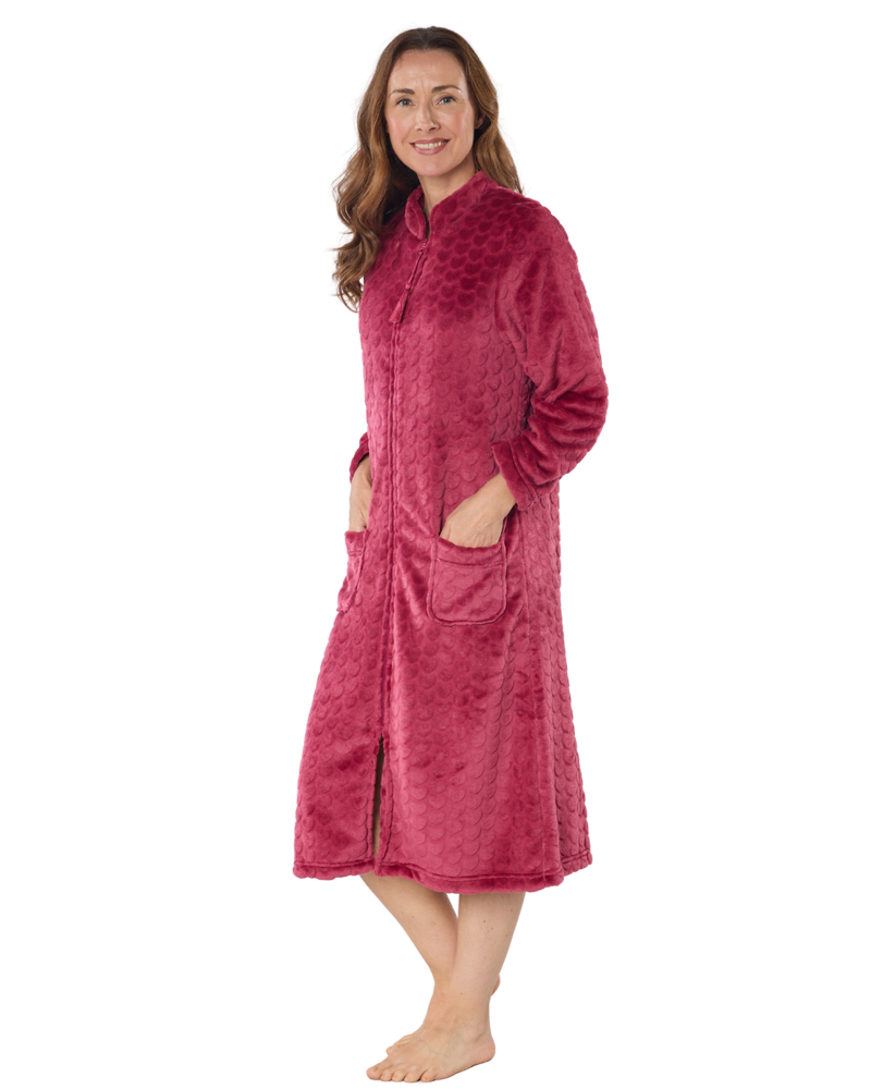 ladies zipped dressing gown Women's Embossed Fleece Zip with Front Pockets – Suzy & Me Collection zip up robe