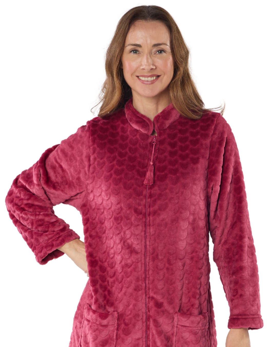 Women's Embossed Fleece Zip Dressing Gown with Front Pockets