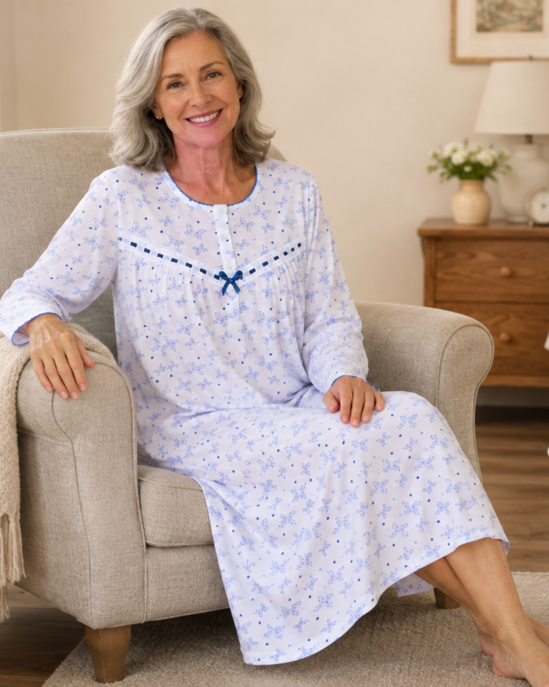 Butterfly Print 100% Cotton Long Sleeve Nightdress