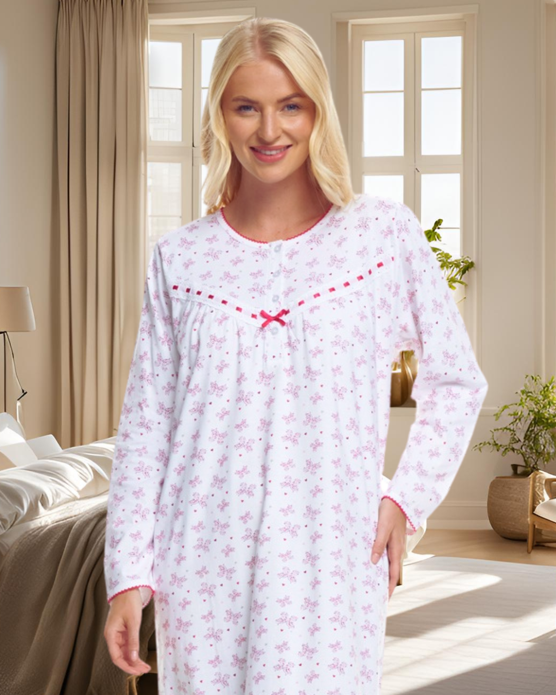 Butterfly Print 100% Cotton Long Sleeve Nightdress