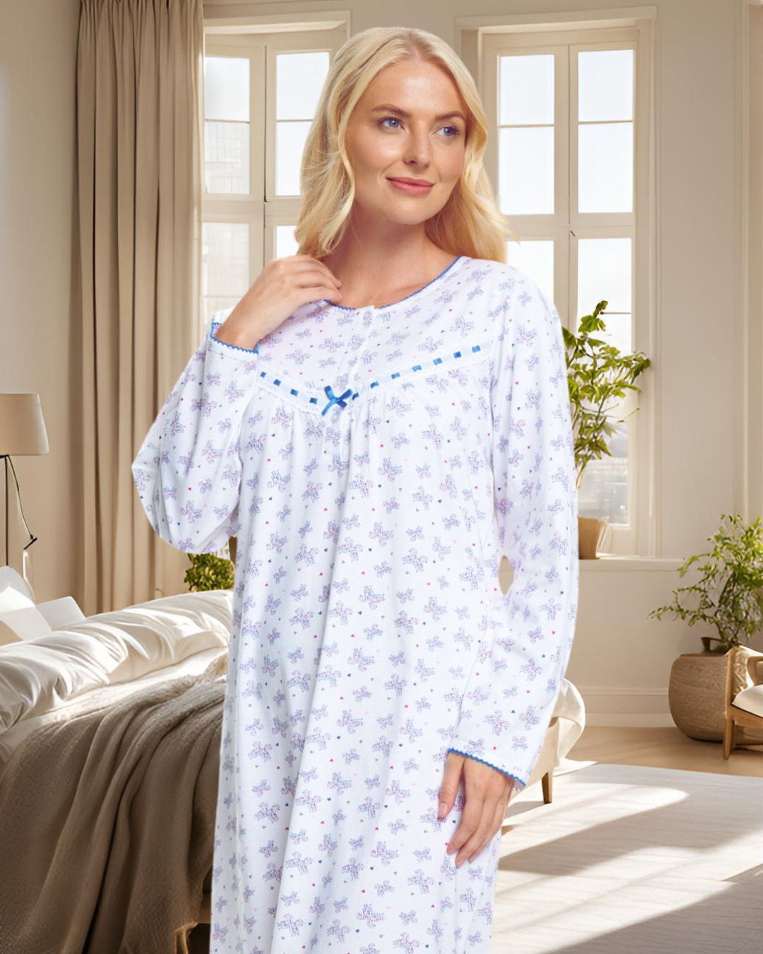 Butterfly Print 100% Cotton Long Sleeve Nightdress