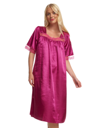 Short Sleeved Lace Trim Satin Nightdress