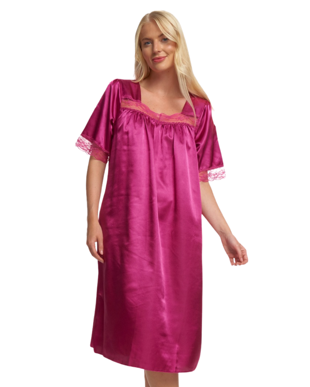Short Sleeved Lace Trim Satin Nightdress