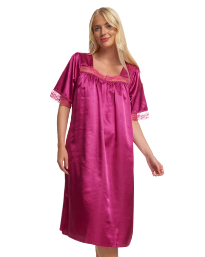 Short Sleeve Soft Lace Trim Satin Nightdress