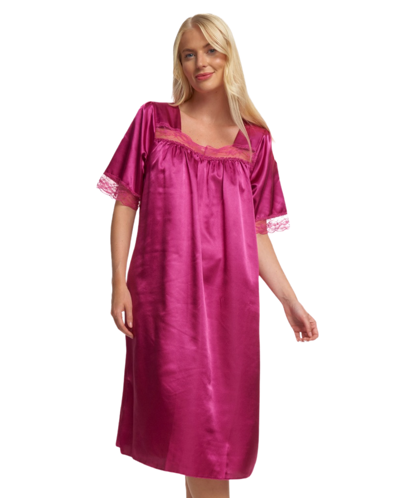 Short Sleeved Lace Trim Satin Nightdress