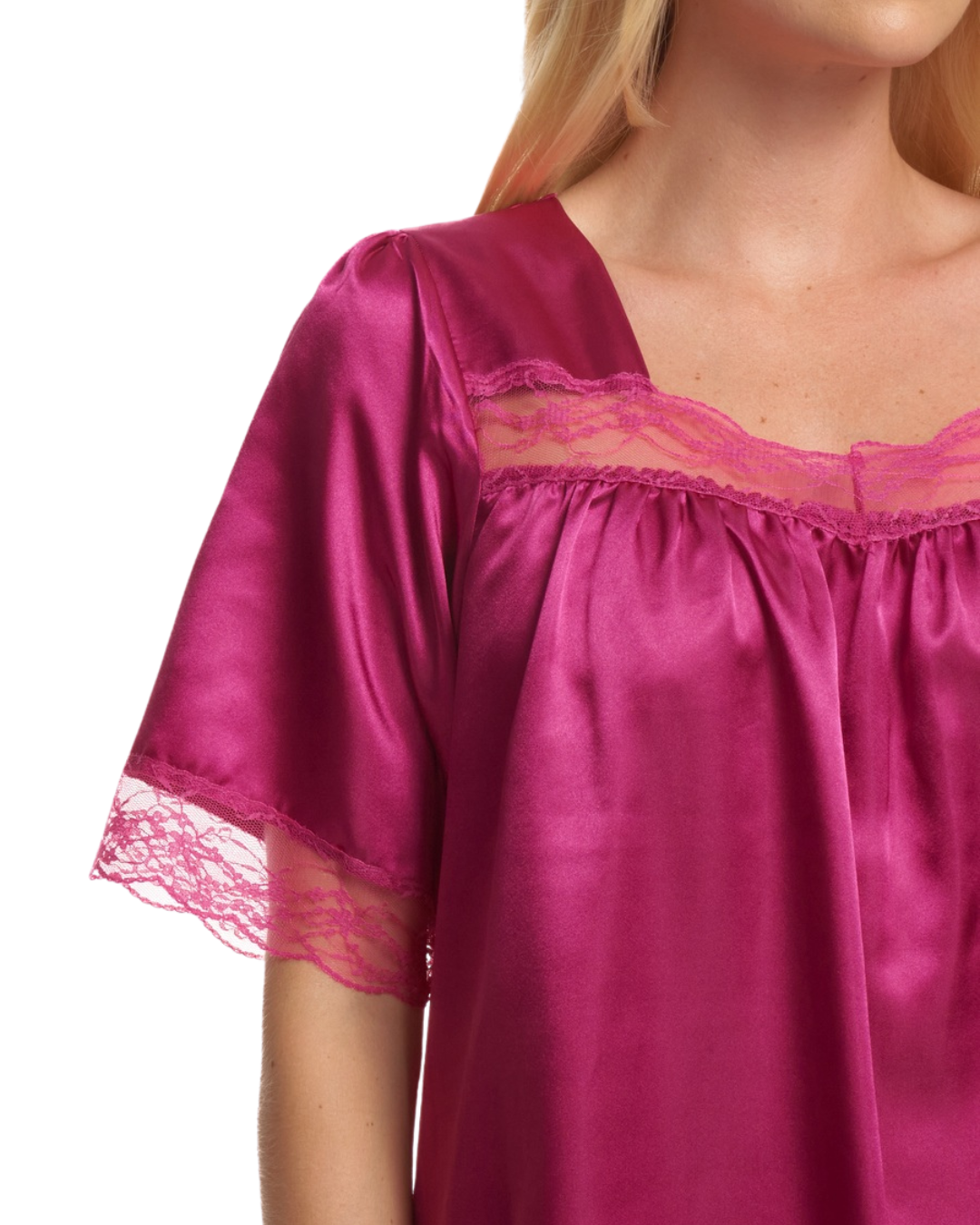 Short Sleeved Lace Trim Satin Nightdress