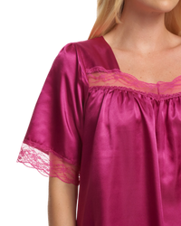 Short Sleeved Lace Trim Satin Nightdress
