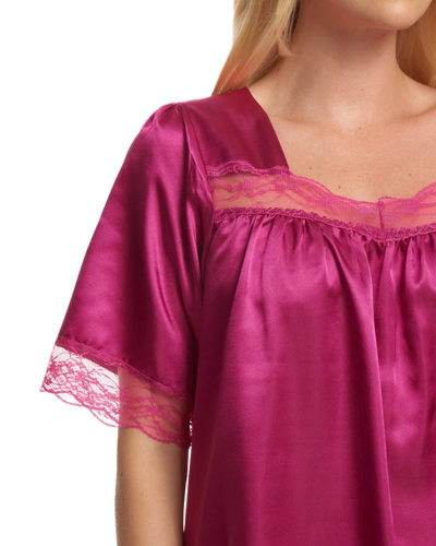 Short Sleeved Lace Trim Satin Nightdress