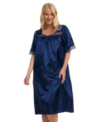 Short Sleeved Lace Trim Satin Nightdress