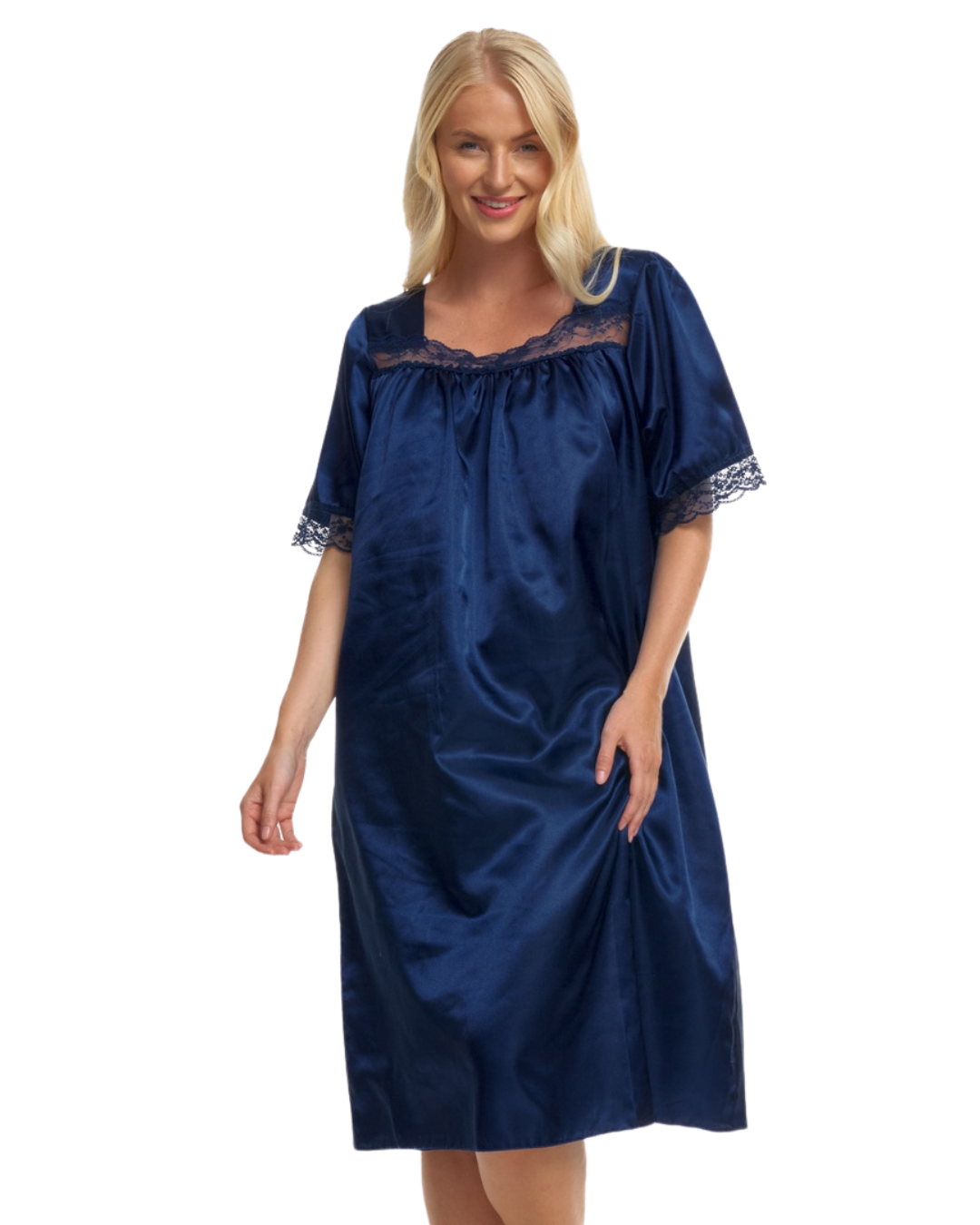 Short Sleeved Lace Trim Satin Nightdress