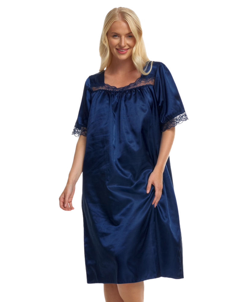 Short Sleeved Lace Trim Satin Nightdress