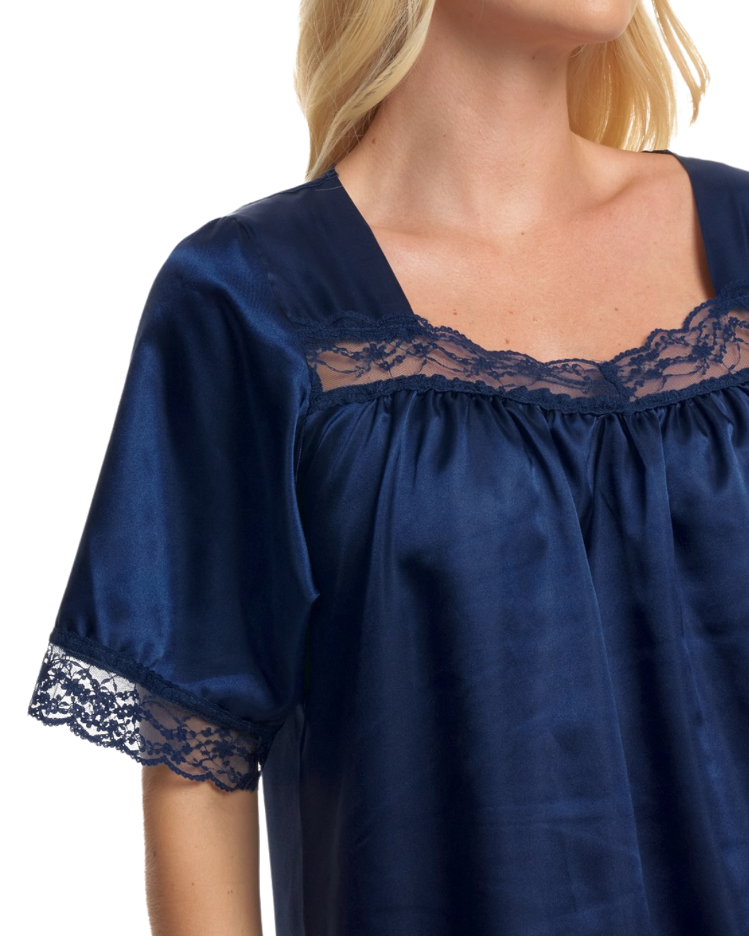 Short Sleeved Lace Trim Satin Nightdress