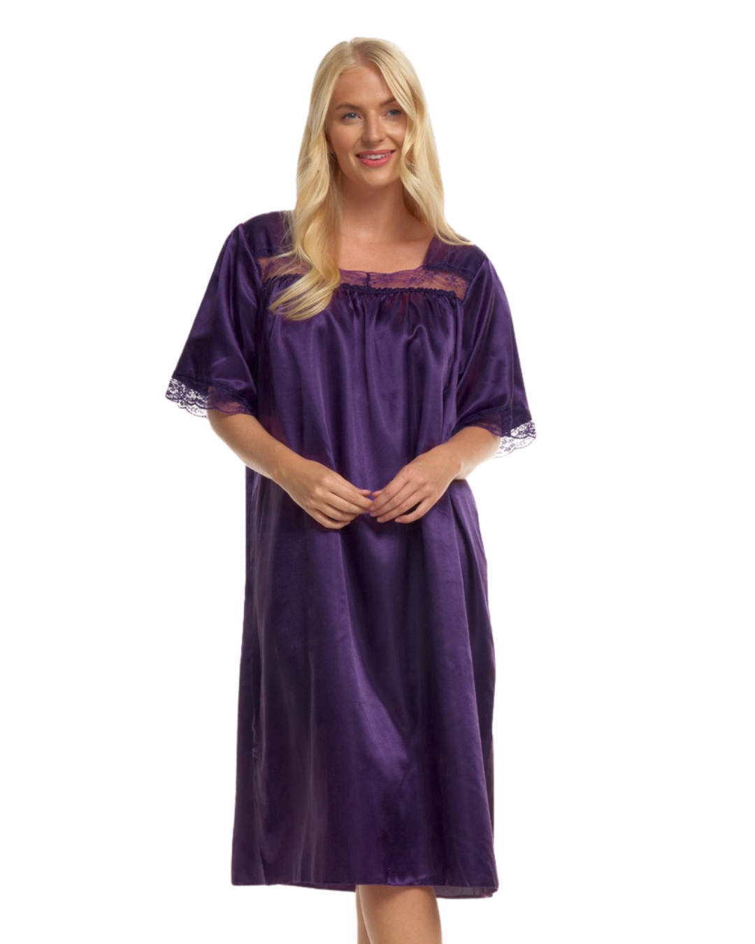 Short Sleeved Lace Trim Satin Nightdress