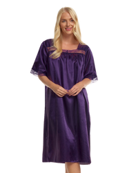 Short Sleeved Lace Trim Satin Nightdress