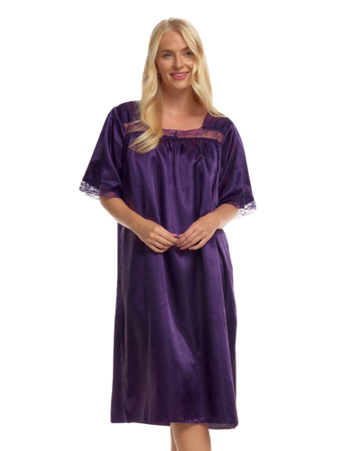 Short Sleeve Soft Lace Trim Satin Nightdress