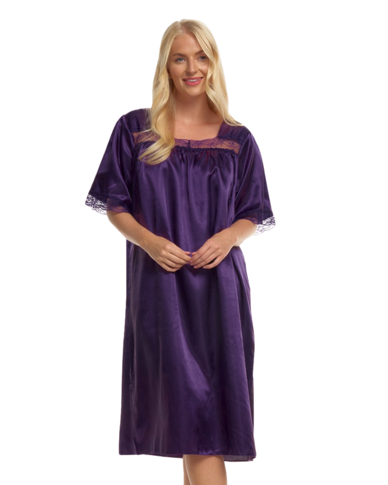 Short Sleeved Lace Trim Satin Nightdress