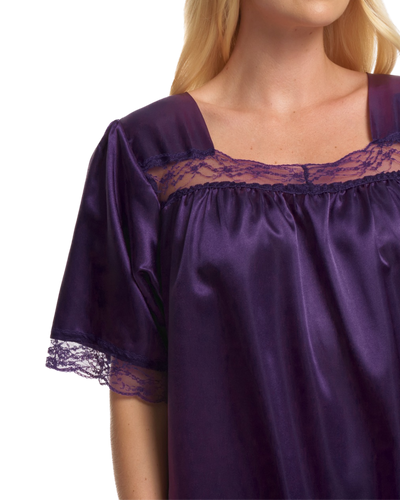 Short Sleeved Lace Trim Satin Nightdress