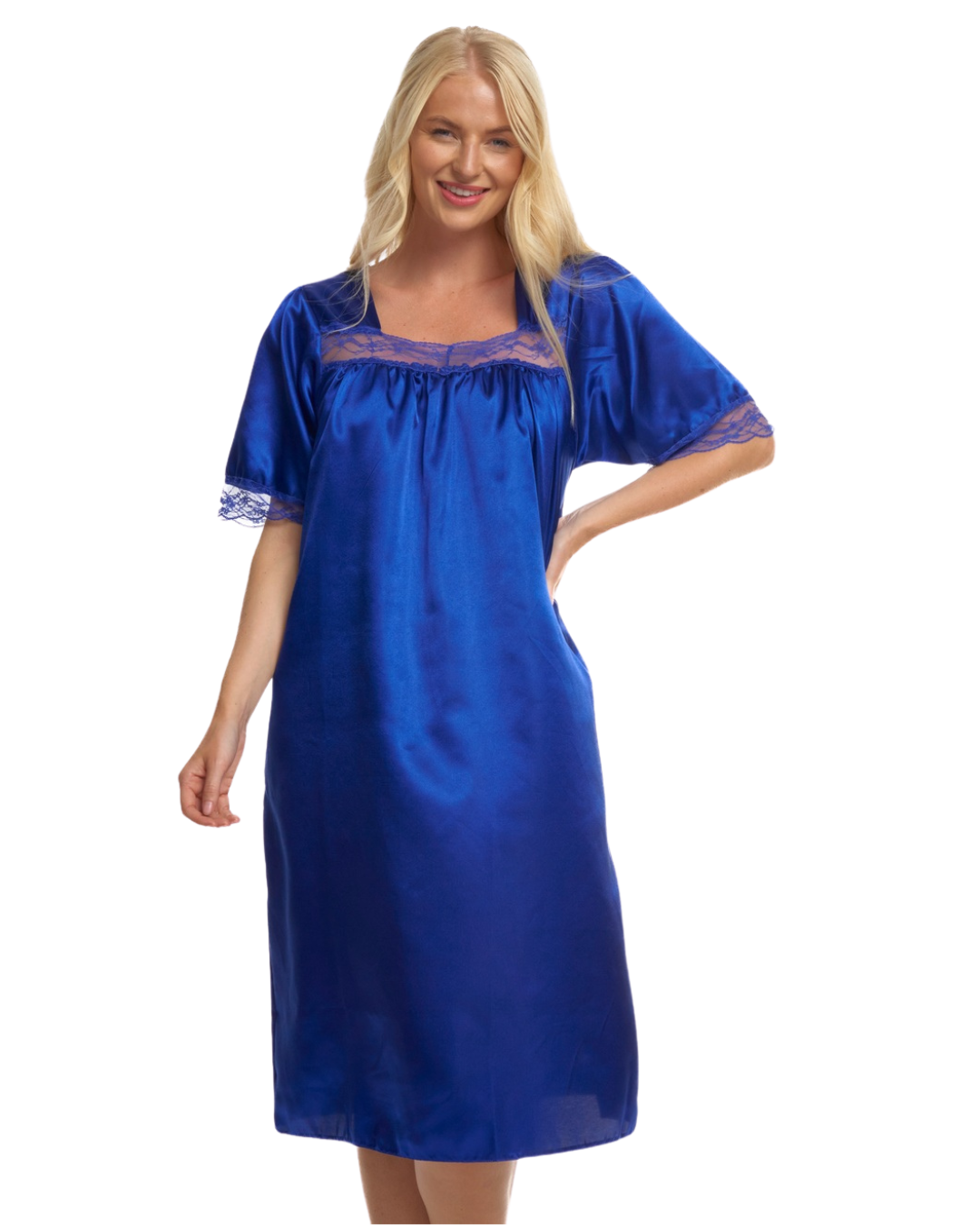 Short Sleeved Lace Trim Satin Nightdress