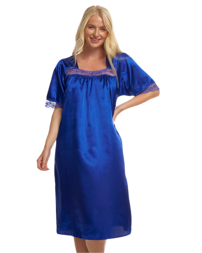 Short Sleeve Soft Lace Trim Satin Nightdress