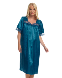 Short Sleeved Lace Trim Satin Nightdress