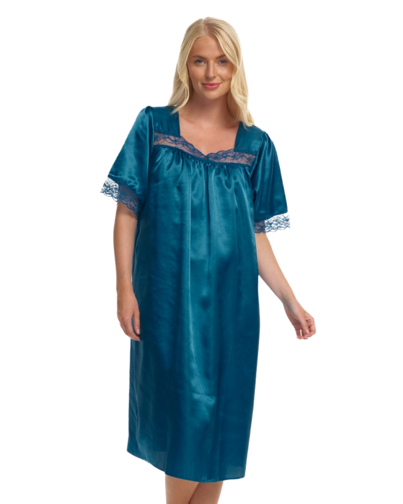 Short Sleeved Lace Trim Satin Nightdress