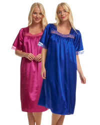 Short Sleeved Lace Trim Satin Nightdress