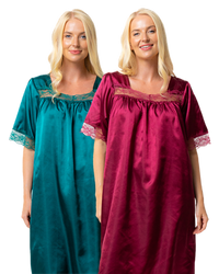 Short Sleeved Lace Trim Satin Nightdress