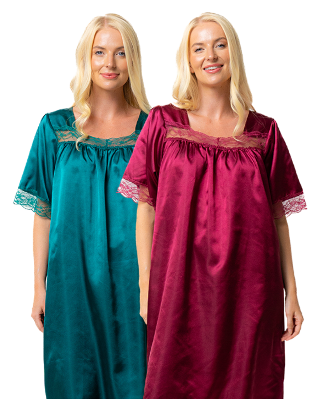 Short Sleeved Lace Trim Satin Nightdress