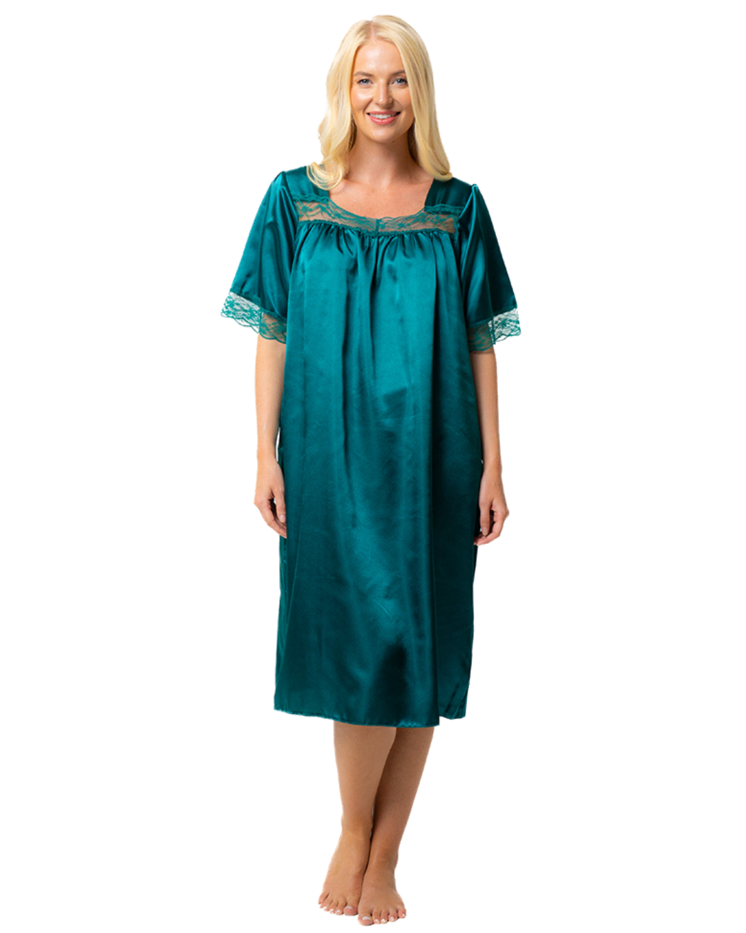 Short Sleeved Lace Trim Satin Nightdress