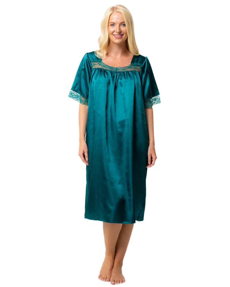 Short Sleeved Lace Trim Satin Nightdress