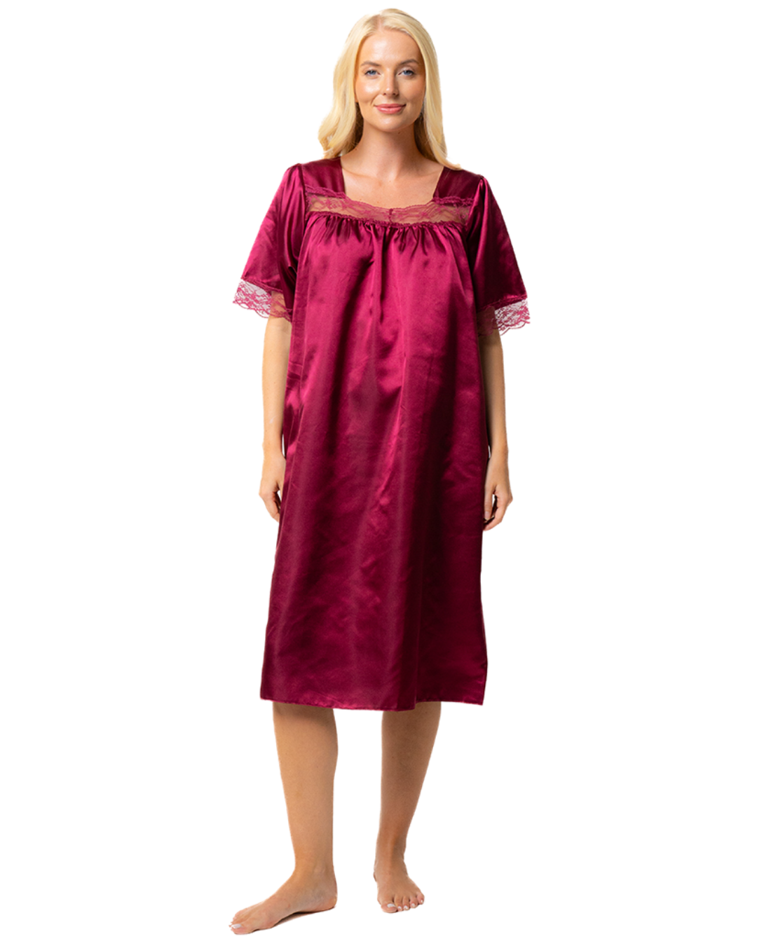 Short Sleeved Lace Trim Satin Nightdress