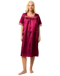 Short Sleeved Lace Trim Satin Nightdress
