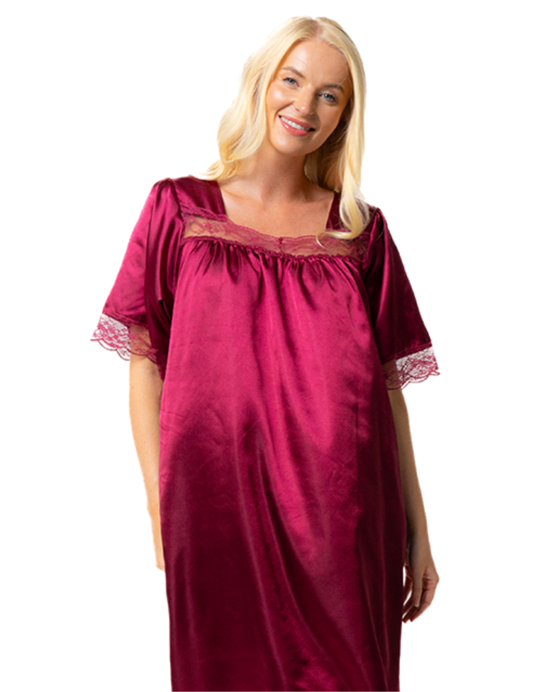 Short Sleeved Lace Trim Satin Nightdress