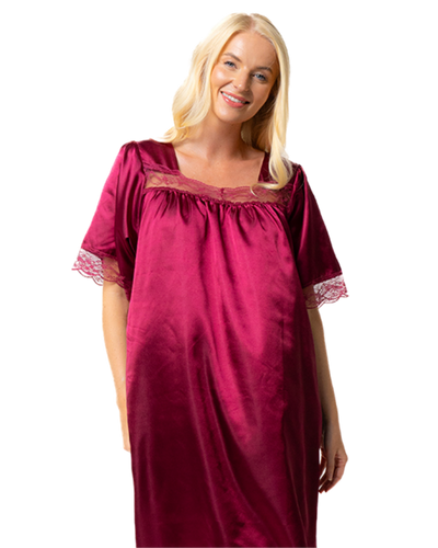 Short Sleeved Lace Trim Satin Nightdress