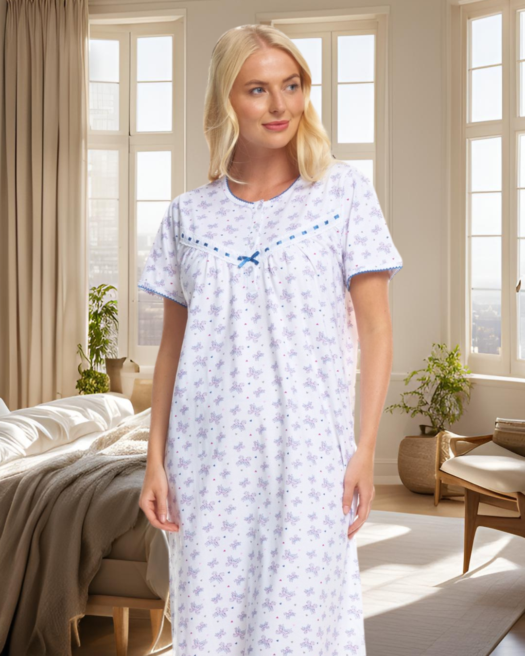 Butterfly Print 100% Cotton Jersey Short Sleeve Nightdress