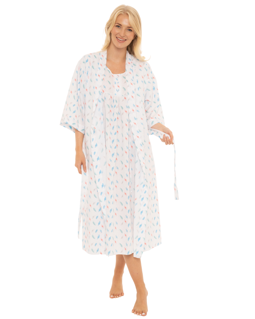 Feather Print Wrap-over Dressing Gown