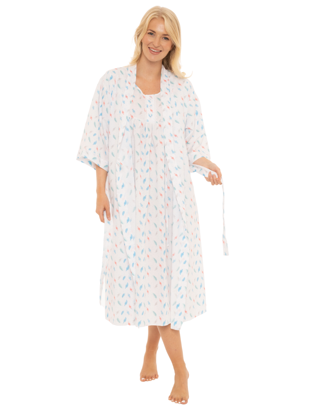 Women's Feather Print Lightweight Polycotton Wrap-over Dressing Gown