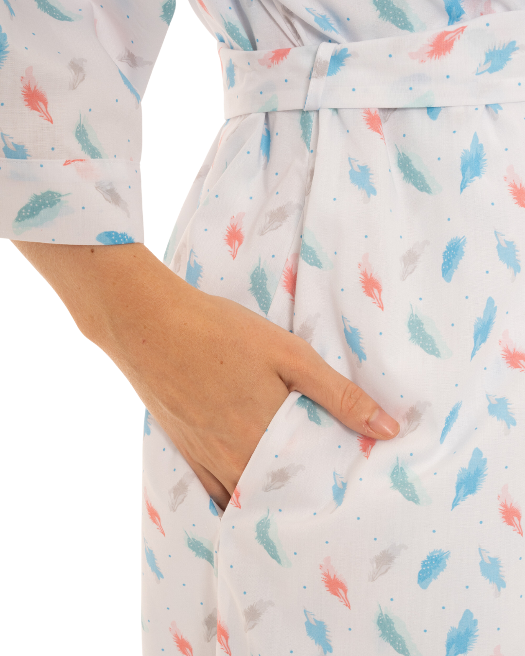 Women's Feather Print Lightweight Polycotton Wrap-over Dressing Gown