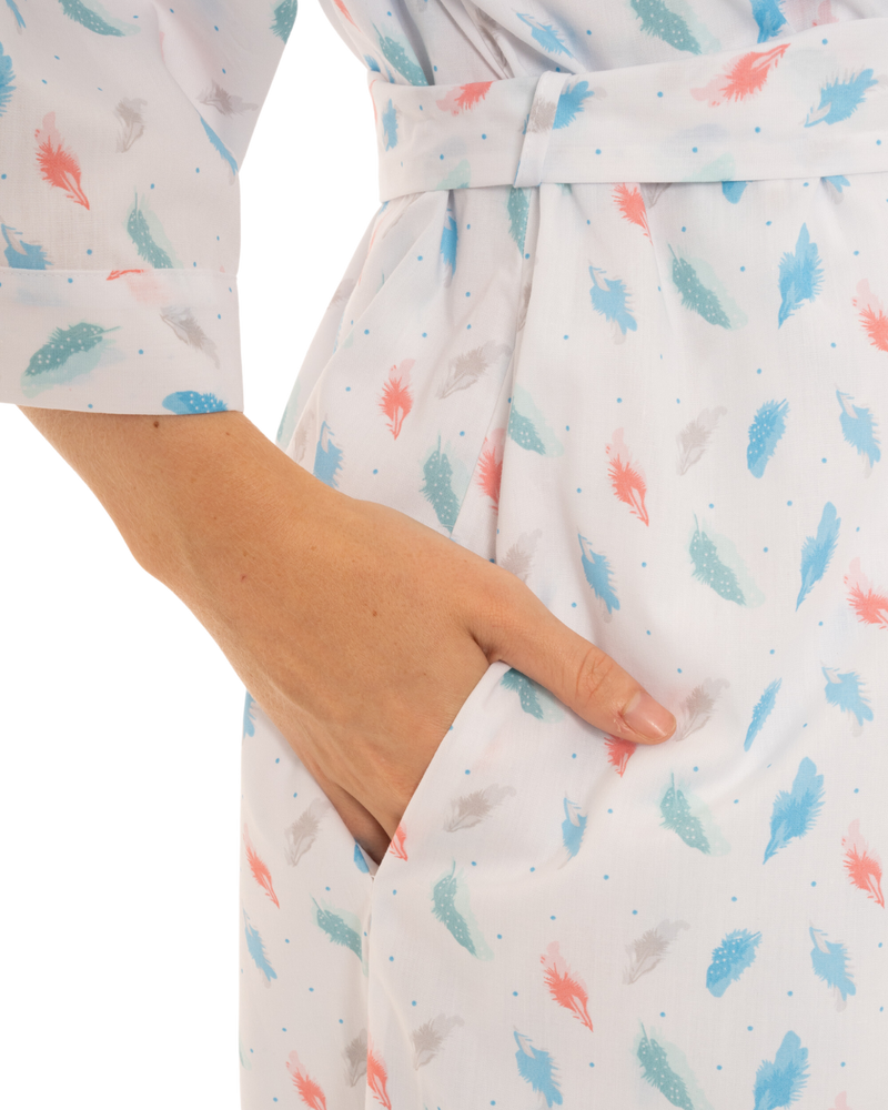 Women's Feather Print Lightweight Polycotton Wrap-over Dressing Gown