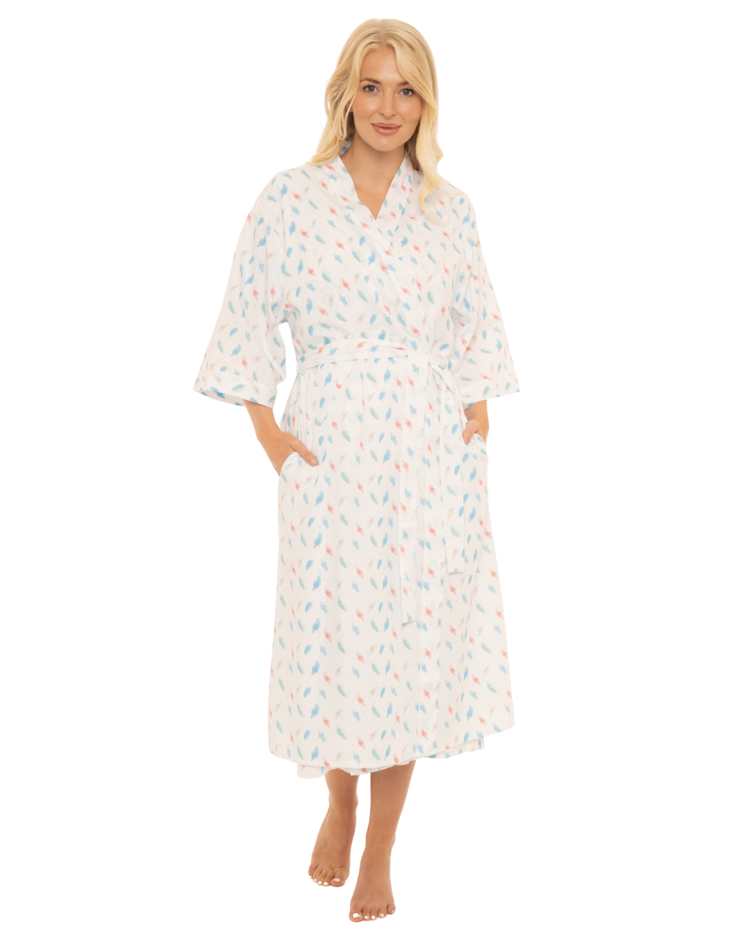 Feather Print Wrap-over Dressing Gown